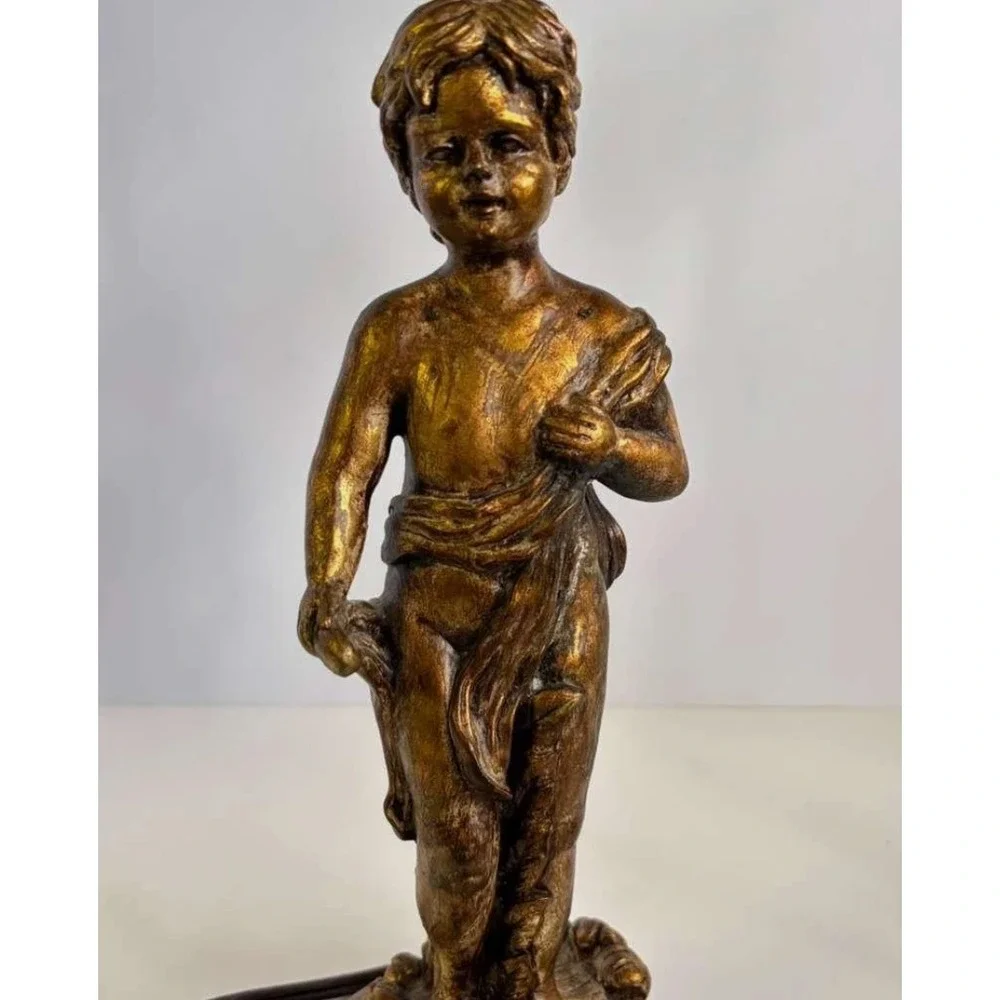 Set Of 2 MCM Neoclassical Hollywood Regency Gold Cherub Composite Lamp 17